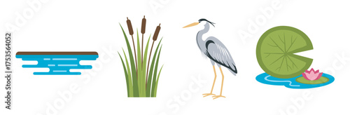 Stylized illustrations of a wooden dock, cattails, a heron, and a lily pad with a pink flower on a white background.