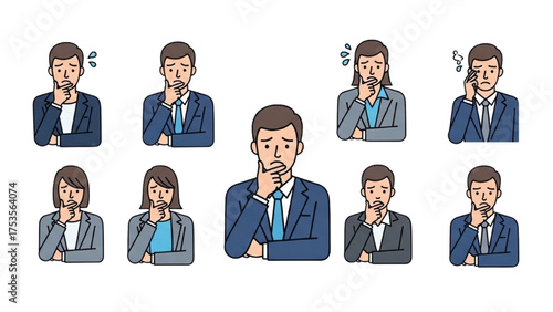 Vector illustration set of a group of business people with anxious and thoughtful expressions