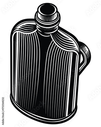 A vintage black and white woodcut illustration of a classic hot water bottle, a medical therapy warmer used for soothing heat and providing pain relief for various ailments