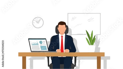 Professional businessman working diligently at an office desk with a laptop, managing data and corporate tasks in a modern flat vector illustration