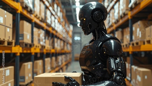 Futuristic humanoid robot holding cardboard box in automated warehouse — artificial intelligence, robotics in logistics, smart industry, supply chain automation concept. 2
