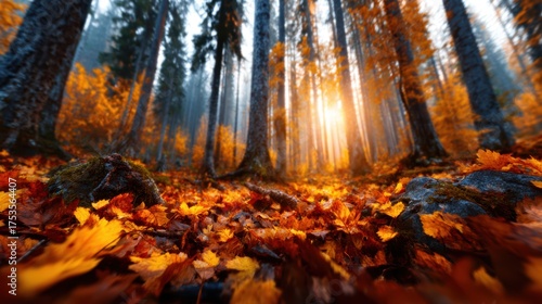 An enchanting forest scene showcasing vibrant autumn foliage and mist, with golden leaves carpeting the ground and sunlight filtering through the trees.