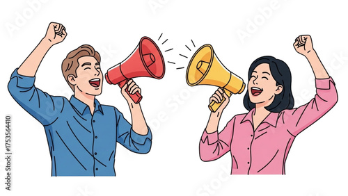 People shouting with megaphones, conveying a message with enthusiasm and energy