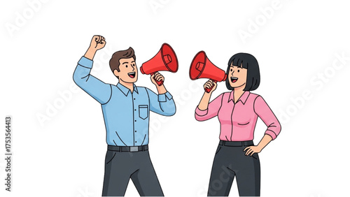 Energetic Duo Shouting Messages Through Megaphones - Loud Communication