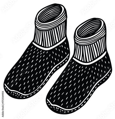 A black and white linocut illustration of a pair of cozy, soft fabric microwaveable foot warmers, designed as comfortable booties for warmth and relaxation