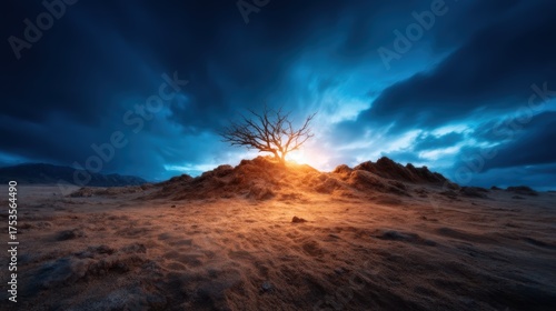 A solitary tree stands majestically against an intense sky at dusk, illuminating the landscape with striking colors, representing resilience and the beauty of nature's solitude.
