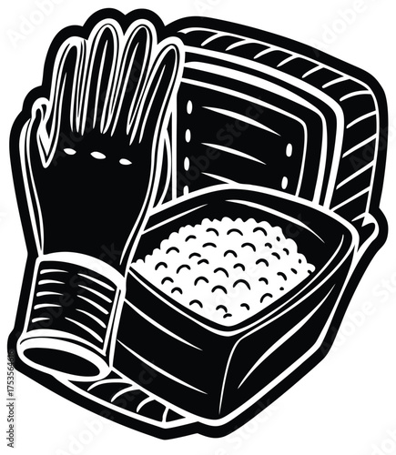 A black and white vector illustration of a DIY kit for making reusable microwaveable hand warmers, featuring a glove, a fabric pouch, and a container of rice