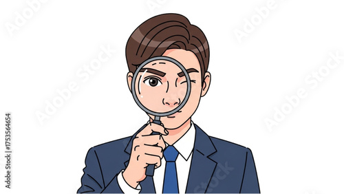 Man with magnifying glass analyzing, searching, investigating, and inspecting closely