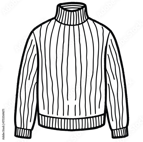A black and white line art illustration of a classic ribbed turtleneck sweater, isolated on a white background for coloring or design