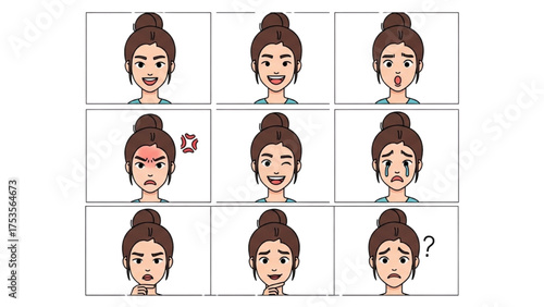 Facial Expressions Diverse Emotions Portrayed in a Woman's Portrait Set