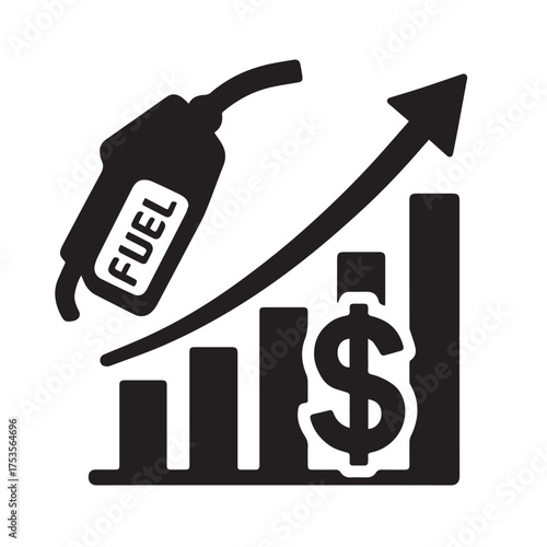 Black fuel nozzle and dollar sign on a rising bar chart with an upward arrow representing fuel price growth, inflation, and increasing energy costs in the global oil market.