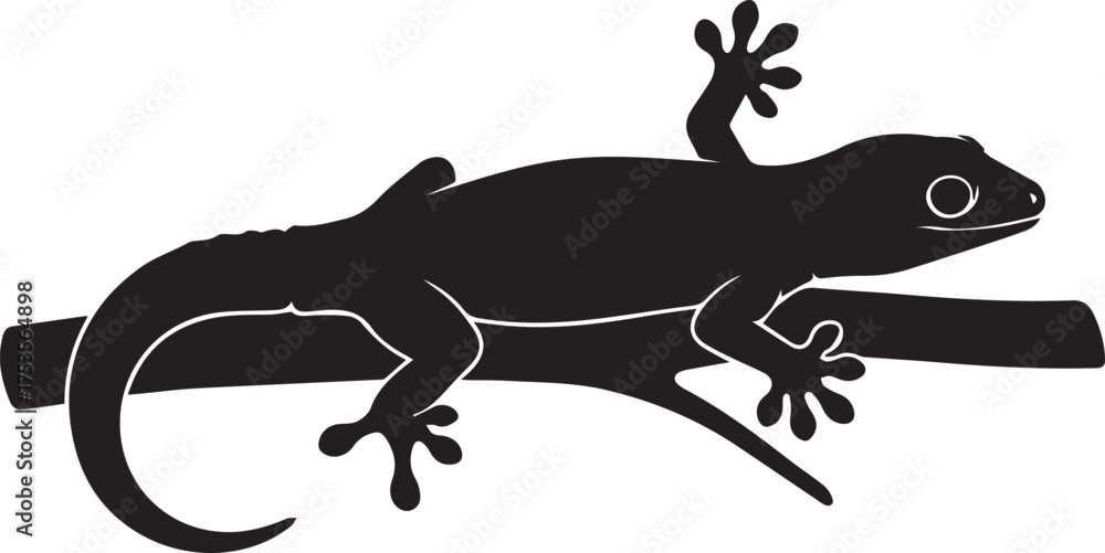 Naklejka premium Black silhouette of a gecko lizard clinging to a tree branch wildlife reptile