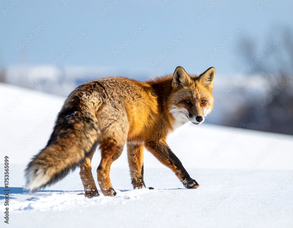 Fototapeta premium A reddish-orange fox strides across a snowy landscape under a clear blue sky, its fur gleaming in the bright winter sun