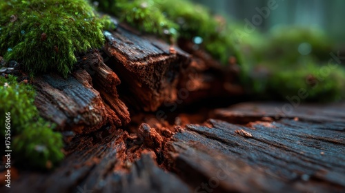 A striking close-up of weathered wood split apart, adorned with vibrant green moss, creating a beautiful contrast of colors and textures in a natural setting of decay and life.