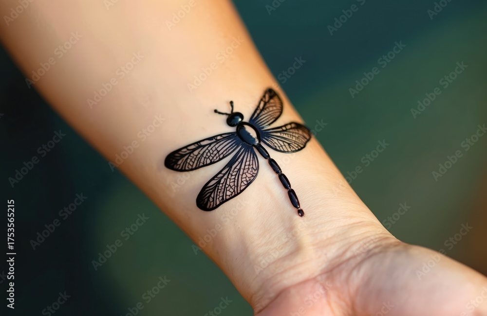 Obraz premium Close up look at decorative dragonfly henna tattoo on woman wrist. Beauty concept photo with elegance, style and grace. Fashionable girl art design showing bodypainting symbol. Ethnic tradition.