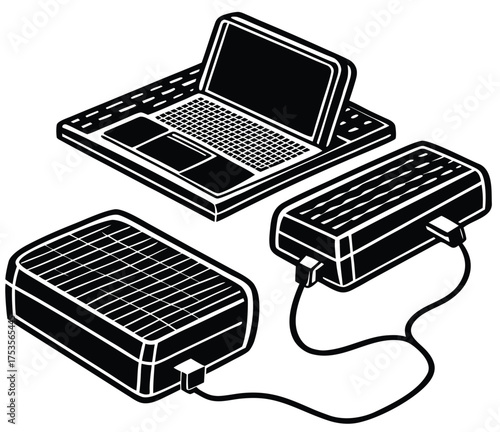 Illustration of a laptop connected to a USB-powered heating pad and a foot warmer, suggesting digital warmth and comfort for remote workers or anyone seeking coziness during a cold workday
