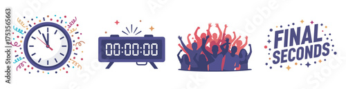 Festive clock and digital timer with crowd celebrating final seconds and confetti in vibrant colors.