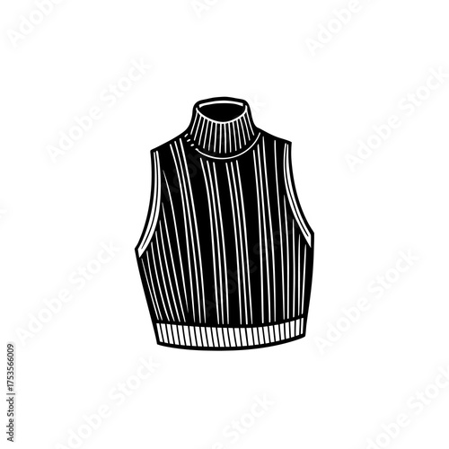 Hand-drawn illustration of a striped sleeveless turtleneck sweater vest. Classic monochrome knitwear fashion element isolated on a white background