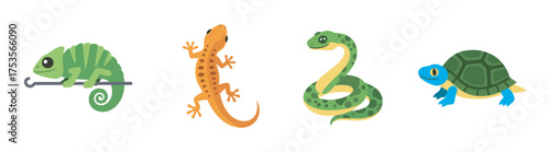 Four cartoon-style reptiles are shown individually: a green chameleon on a branch, an orange gecko, a green coiled snake, and a blue turtle with a green shell.