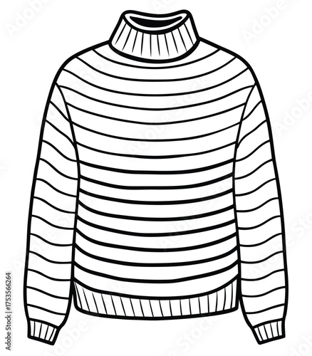 Minimalist black outline of a cozy striped mock neck pullover sweater. Simple vector line art illustration isolated on a clean white background