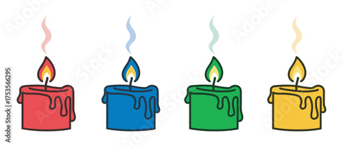 Four colorful candles with dripping wax, featuring red, blue, green, and yellow hues, each with a lit flame and wisps of smoke rising above.
