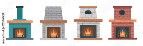 Four different styled fireplaces, each with a unique chimney design, showcasing burning logs and varied mantel materials in a symmetrical arrangement.