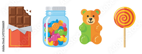 Illustration of a partially unwrapped chocolate bar, a jar of colorful candies, a multicolored gummy bear, and a swirl lollipop.