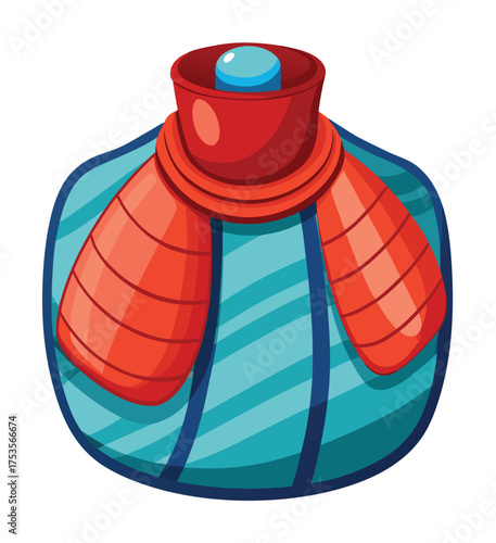 An illustrated silicone hot water bottle with a red scarf, suitable for comfort and warmth. Designed for ease of use and effective pain relief, the design showcases an elegant and functional approach