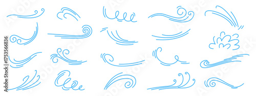 Hand drawn doodle of wind motion, flowing wind lines, swirl elements, flow air blow, smoke motion. Breath of the typhoon. Vector illustration isolated