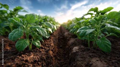 A vibrant field of growing potato plants shows rich green leaves sprouting from fertile soil, symbolizing growth, nature, and the beauty of agricultural life.