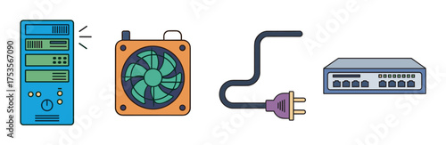 Colorful digital illustration of a computer tower, cooling fan, power cord, and network router, symbolizing essential tech equipment.