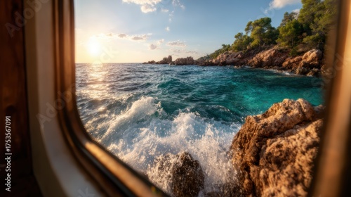 A stunning seascape captures the waves crashing against rocks at sunset, showcasing vibrant colors and tranquil beauty, evoking a sense of peacefulness and connection to nature.