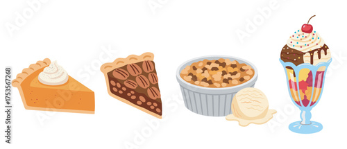 Four different desserts including a slice of pumpkin pie, pecan pie, a bowl of apple crisp with ice cream, and a colorful ice cream sundae topped with a cherry.