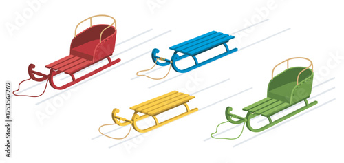 Colorful isometric illustrations of classic sleds, including red, blue, yellow, and green variations, each with a rope for pulling.