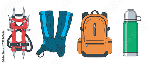 Four essential hiking equipment items, including crampons, gaiters, an orange backpack, and a green thermos, displayed side by side.
