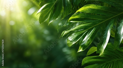 A serene view of lush green palm leaves, elegantly illuminated by soft sunlight, conveying a sense of tranquility and connection to nature in a tropical setting.