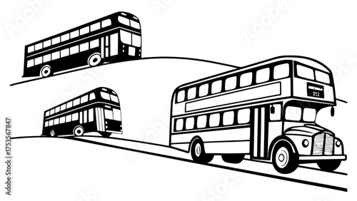 "Stylized black silhouettes of various buses, including a double-decker and school bus, arranged on a white background in minimalist design, flat and graphic."