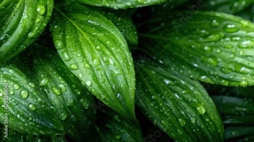 Close-up view of lush green leaves adorned with sparkling dew drops, capturing the beauty of nature and the freshness of a rain-kissed environment in vibrant detail.