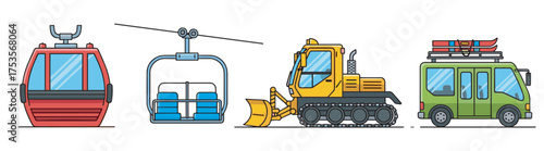 Colorful line art illustrations of a red cable car, a blue ski lift chair, a yellow snow plow, and a green camper van with roof storage.