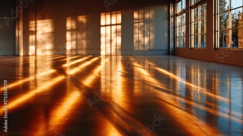 A beautifully illuminated room showcases warm light reflections on the polished floor, creating an inviting atmosphere with artistic shadow patterns throughout the space.