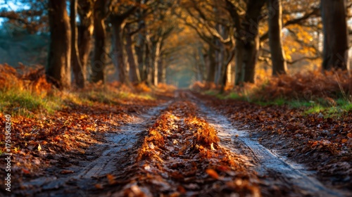 A serene pathway lined with autumn trees reveals vibrant golden and orange foliage, inviting viewers to slow down and appreciate the beauty of nature during this season.