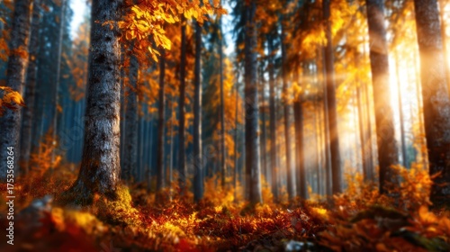 An ethereal view of an autumn forest with trees adorned in golden foliage, illuminated by soft sunlight filtering through, creating a magical atmosphere perfect for nature lovers.