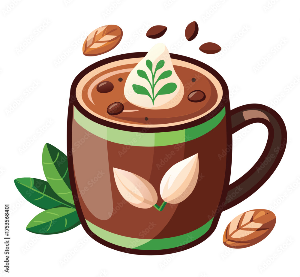 Obraz premium Delightful Vector Illustration of a Steaming Cup of Hot Chocolate Adorned with Artistic Leaves and Beans, Ideal for Food and Beverage Themes