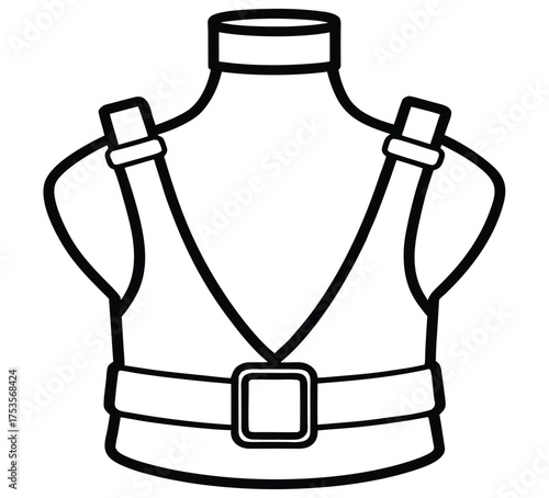 A black and white line art illustration of a body harness with a supportive waist belt and shoulder straps, isolated vector icon for safety or equipment concepts