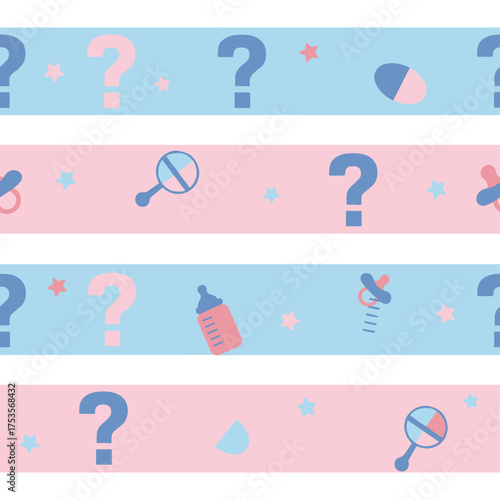 This seamless pattern showcases a blue and pink background ideal for gender reveal themes, making it perfect for baby shower invitations, announcements, or creative party designs, and includes a