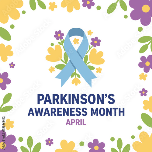 Vector illustration featuring a ribbon and flowers for a Parkinson's Awareness Month background, banner, card, poster, and template