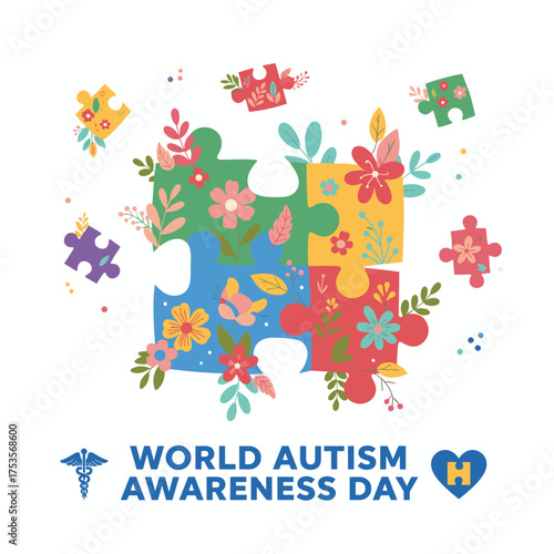 World Autism Awareness Day showcases vibrant puzzle pieces against a vector background of flowers and leaves, symbolizing autism with a flat medical illustration centered on health care