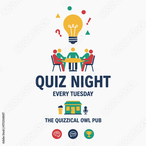 Vector illustration for a web banner background announcing a modern pub quiz night, featuring a team game with questions, held in a pub, bar, or nightclub