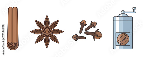 Illustrations of cinnamon stick, star anise, cloves, and a spice grinder in a simple, linear art style.