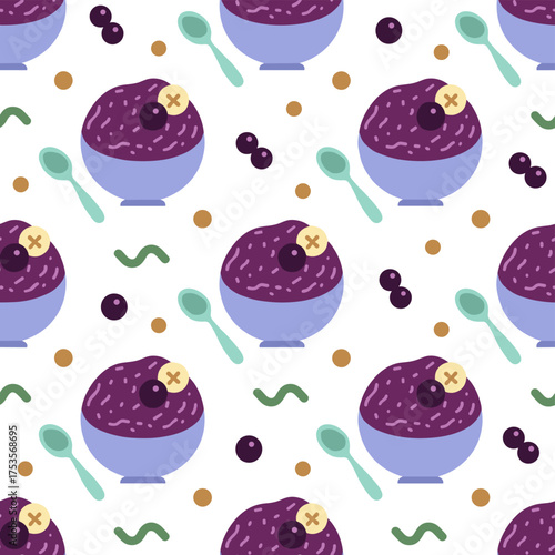 A seamless pattern showcases a bowl of Brazilian frozen acai berries, popular detox and healthy superfoods in Brazil, Hawaii, and Baja California, with purple mashed frozen acai berries